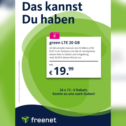19,99 € für 20 GB Internet im Netz der Telekom - Freenet greenLTE 20GB-Tarif mit 17,- Rabatt