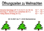 Öffnungszeiten zum Weihnachtsfest 2021